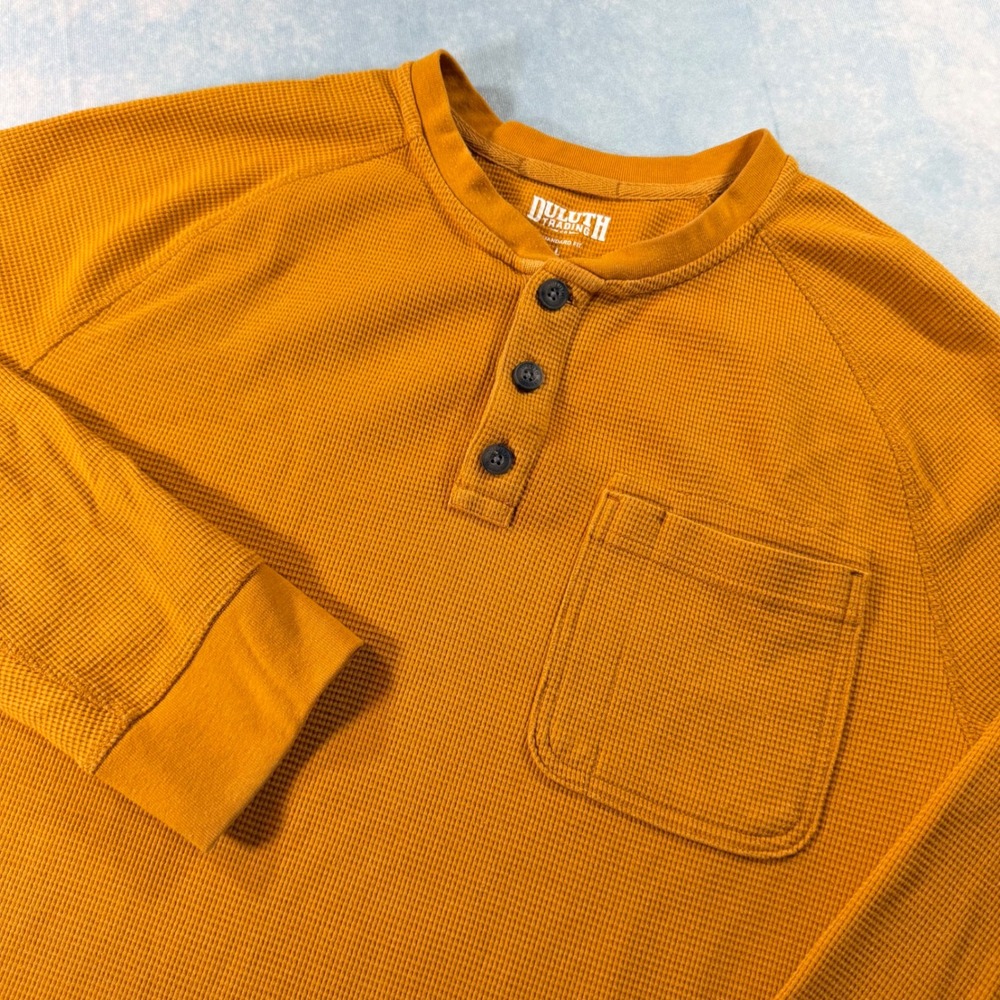 Duluth Trading Co Henley Mens L Yellow Waffle Knit Pocket Long Sleeve Heavy